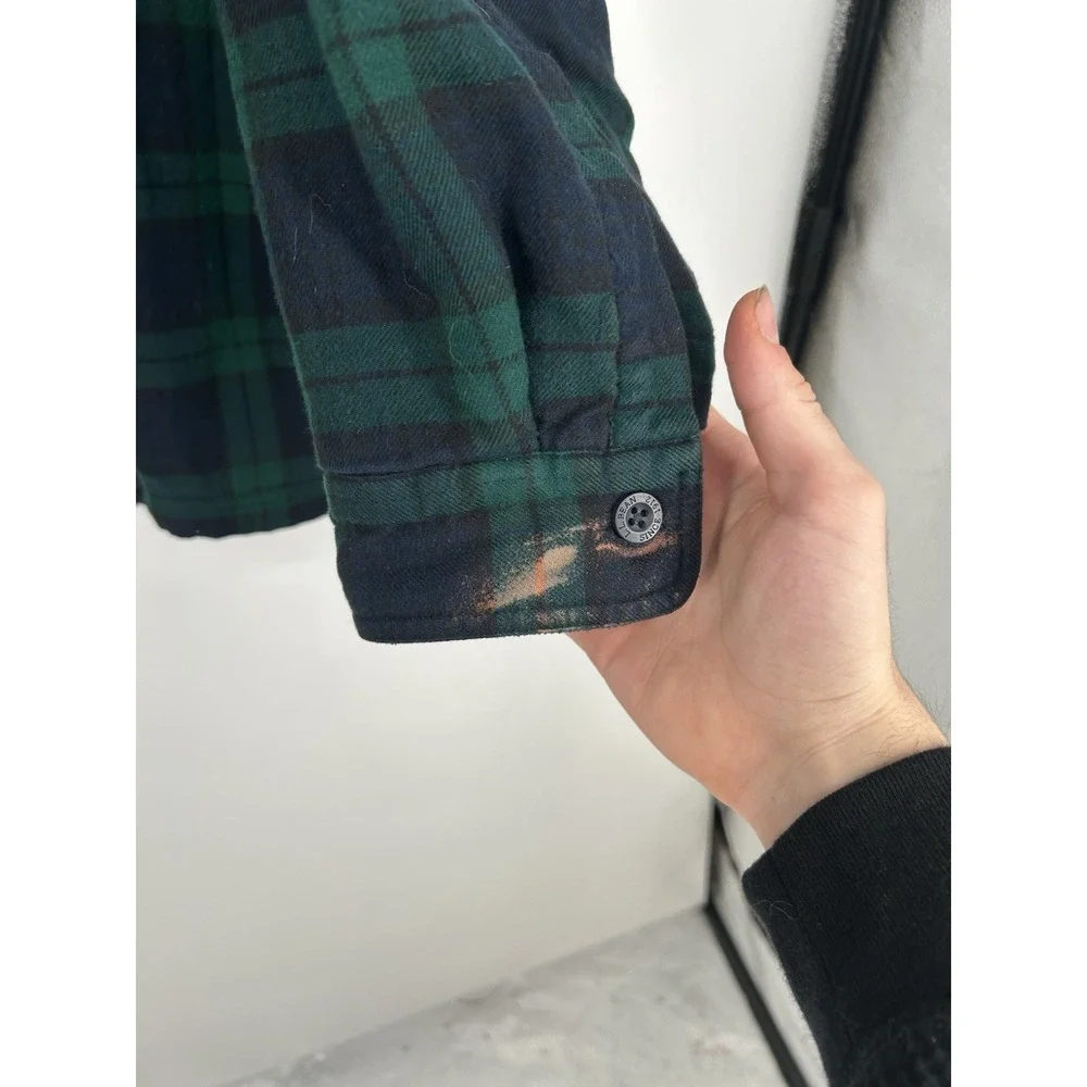 LL Bean Flannel Button Up Shirt Fleece Lined Green Navy Blue‎ Size Large Tall LT